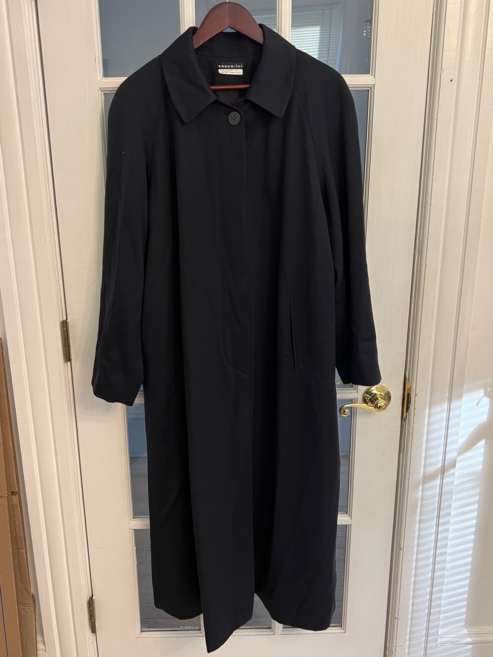 Theomiles Women’s Navy 100% Wool Long Coat Raglan Sleeve Button Front Size S